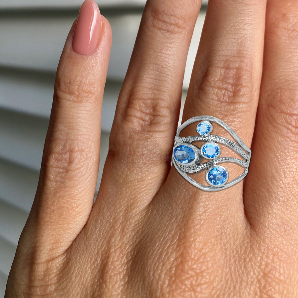 Sterling Silver Multi-Gemstone Wave Ring – 9 Natural Stones or Assorted Option | Made to Order