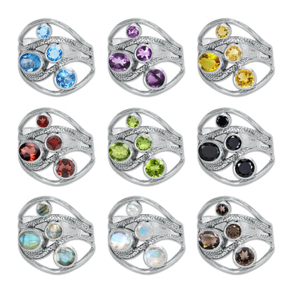 Sterling Silver Multi-Gemstone Wave Ring – 9 Natural Stones or Assorted Option | Made to Order