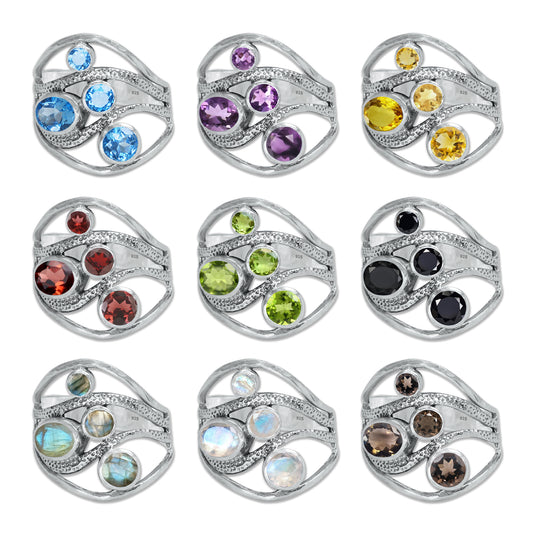 Sterling Silver Multi-Gemstone Wave Ring – 9 Natural Stones or Assorted Option | Made to Order