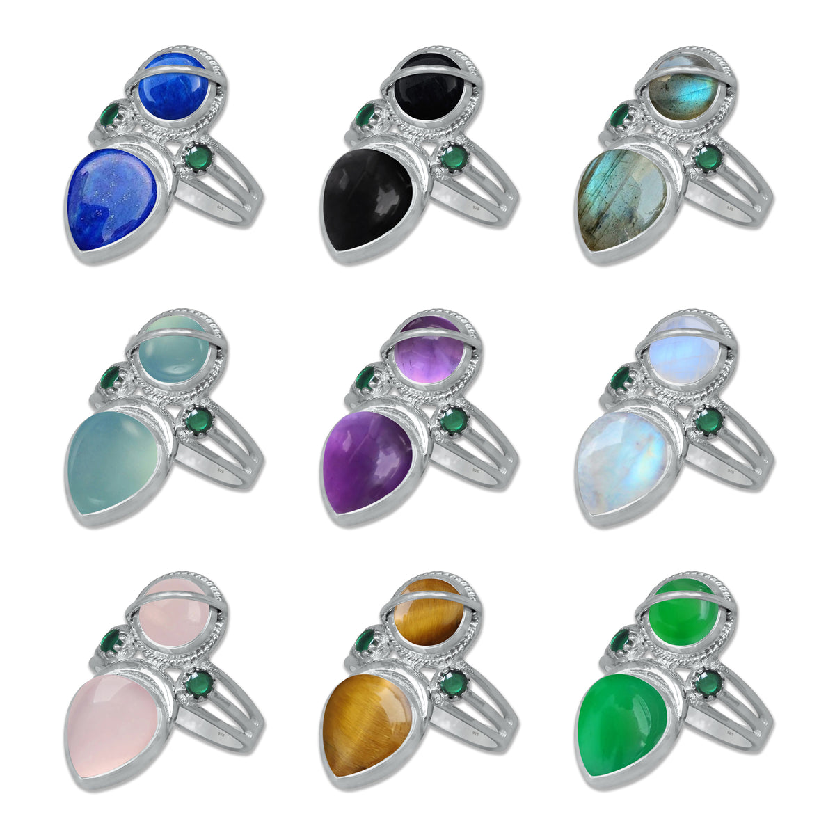 Double Gemstone Teardrop Statement Ring – 925 Sterling Silver | Made to Order | 10 Stone Options