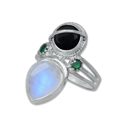Sterling Silver Onyx Twin Gemstone Teardrop Ring – Dual Stone Statement Design | Made to Order