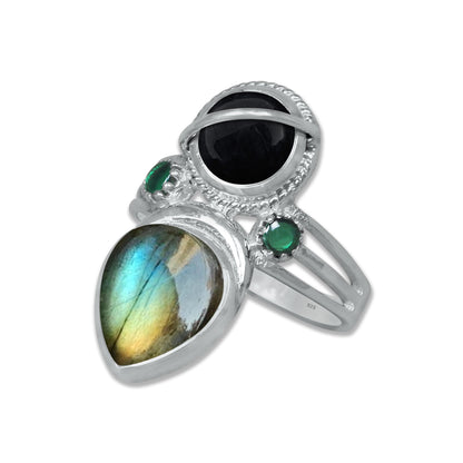 Sterling Silver Onyx Twin Gemstone Teardrop Ring – Dual Stone Statement Design | Made to Order