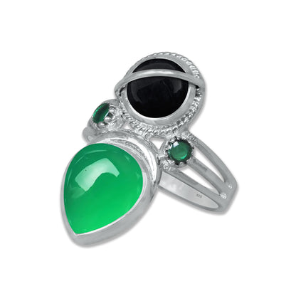 Sterling Silver Onyx Twin Gemstone Teardrop Ring – Dual Stone Statement Design | Made to Order