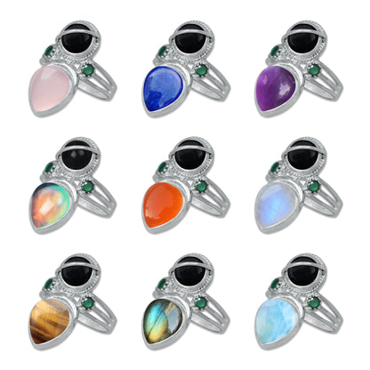 Sterling Silver Onyx Twin Gemstone Teardrop Ring – Dual Stone Statement Design | Made to Order