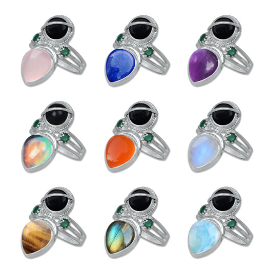 Sterling Silver Onyx Twin Gemstone Teardrop Ring – Dual Stone Statement Design | Made to Order