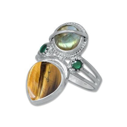 Sterling Silver Labradorite Twin Gemstone Teardrop Ring – Dual Stone Statement Design | Made to Order