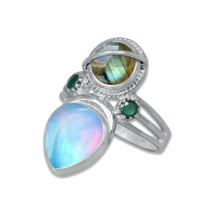 Sterling Silver Labradorite Twin Gemstone Teardrop Ring – Dual Stone Statement Design | Made to Order