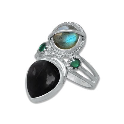 Sterling Silver Labradorite Twin Gemstone Teardrop Ring – Dual Stone Statement Design | Made to Order