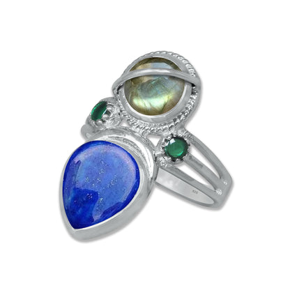 Sterling Silver Labradorite Twin Gemstone Teardrop Ring – Dual Stone Statement Design | Made to Order