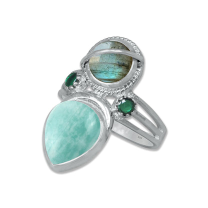 Sterling Silver Labradorite Twin Gemstone Teardrop Ring – Dual Stone Statement Design | Made to Order
