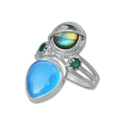 Sterling Silver Labradorite Twin Gemstone Teardrop Ring – Dual Stone Statement Design | Made to Order