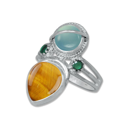 Sterling Silver Chalcedony Twin Gemstone Teardrop Ring – Dual Stone Statement Design | Made to Order