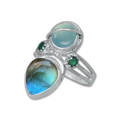 Sterling Silver Chalcedony Twin Gemstone Teardrop Ring – Dual Stone Statement Design | Made to Order