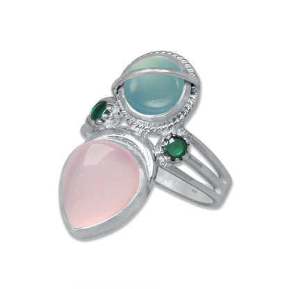 Sterling Silver Chalcedony Twin Gemstone Teardrop Ring – Dual Stone Statement Design | Made to Order