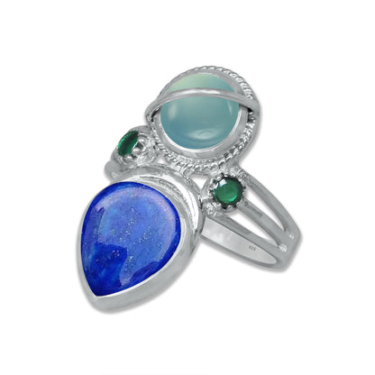 Sterling Silver Chalcedony Twin Gemstone Teardrop Ring – Dual Stone Statement Design | Made to Order