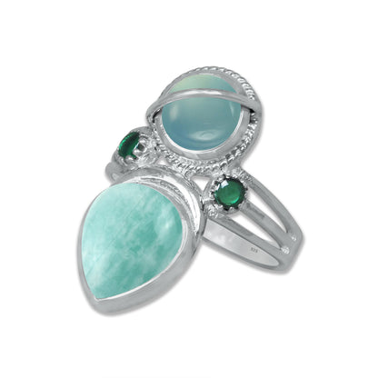 Sterling Silver Chalcedony Twin Gemstone Teardrop Ring – Dual Stone Statement Design | Made to Order