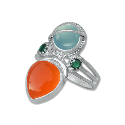 Sterling Silver Chalcedony Twin Gemstone Teardrop Ring – Dual Stone Statement Design | Made to Order