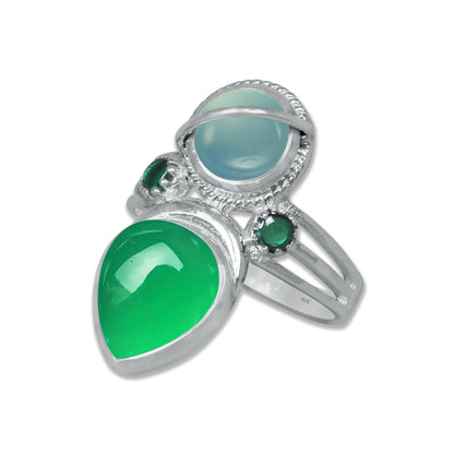 Sterling Silver Chalcedony Twin Gemstone Teardrop Ring – Dual Stone Statement Design | Made to Order