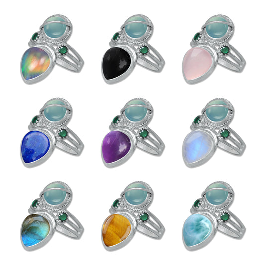 Sterling Silver Chalcedony Twin Gemstone Teardrop Ring – Dual Stone Statement Design | Made to Order