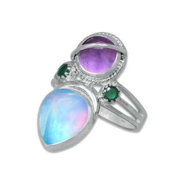 Sterling Silver Amethyst Twin Gemstone Teardrop Ring – Dual Stone Statement Design | Made to Order