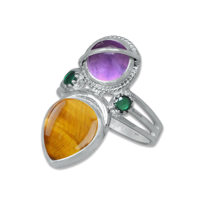 Sterling Silver Amethyst Twin Gemstone Teardrop Ring – Dual Stone Statement Design | Made to Order