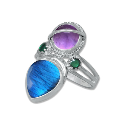 Sterling Silver Amethyst Twin Gemstone Teardrop Ring – Dual Stone Statement Design | Made to Order