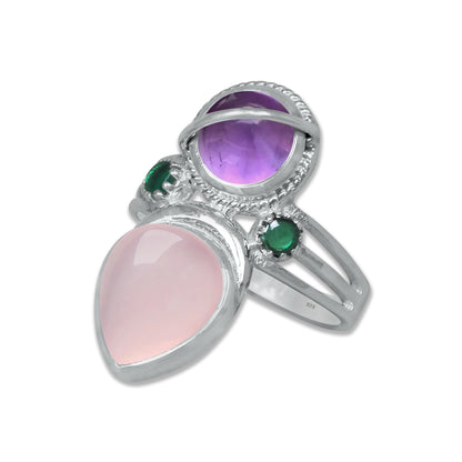 Sterling Silver Amethyst Twin Gemstone Teardrop Ring – Dual Stone Statement Design | Made to Order