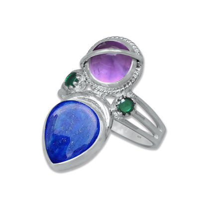 Sterling Silver Amethyst Twin Gemstone Teardrop Ring – Dual Stone Statement Design | Made to Order
