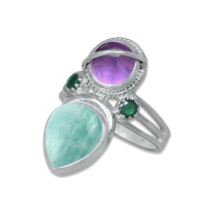 Sterling Silver Amethyst Twin Gemstone Teardrop Ring – Dual Stone Statement Design | Made to Order