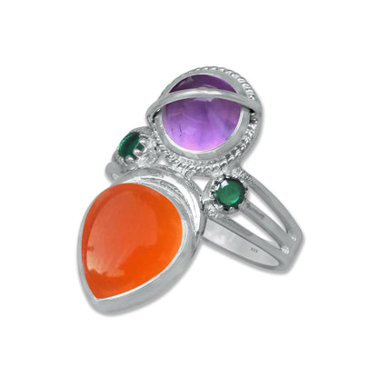Sterling Silver Amethyst Twin Gemstone Teardrop Ring – Dual Stone Statement Design | Made to Order