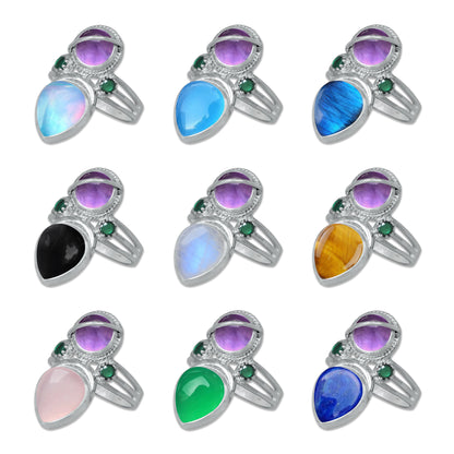 Sterling Silver Amethyst Twin Gemstone Teardrop Ring – Dual Stone Statement Design | Made to Order