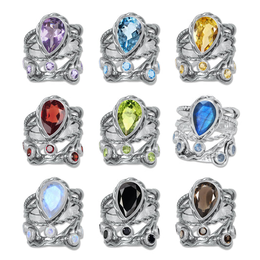 Celestial Vine Ring – Pear Cut Gemstone in 925 Sterling Silver (Multiple Stone Options) | Made to Order