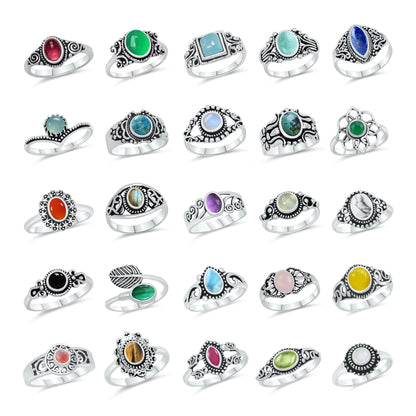 Bagues empilables délicates, plaquées argent – ​​Assortiment, style bohème avec cristaux naturels, vente en gros
