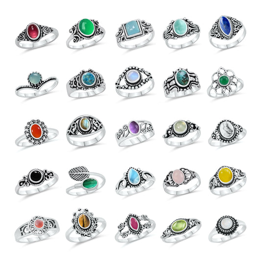 Dainty Stacking Rings – Silver-Plated, Assorted Natural Crystals, Boho Style | Wholesale