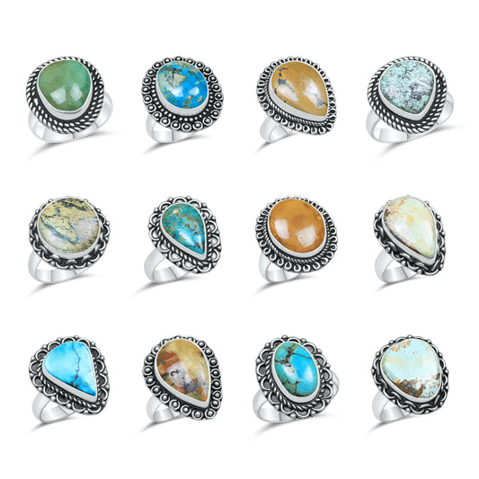 Natural Turquoise Rings – Silver-Plated, Stabilized, Handmade Boho Western | Wholesale