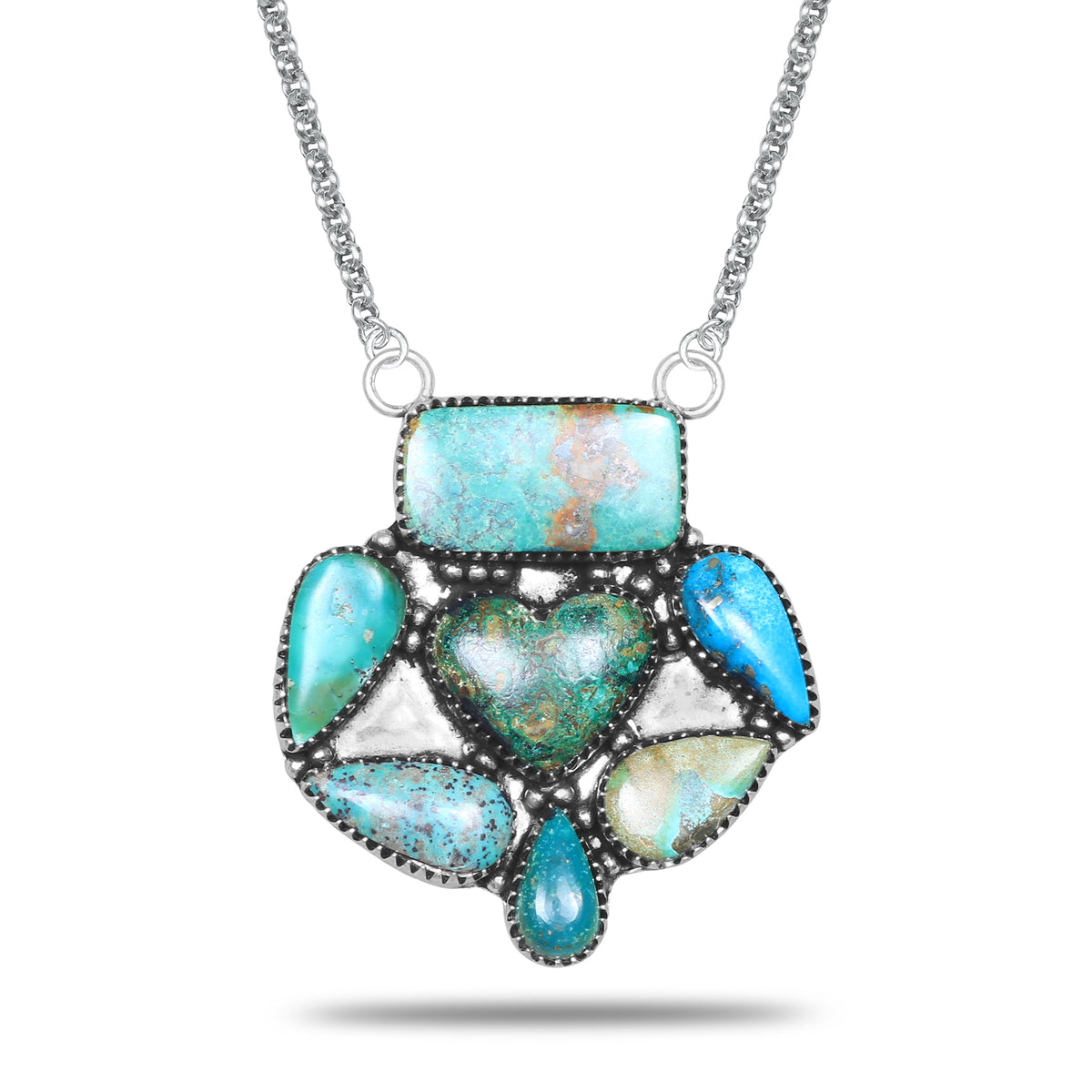 Malachite Heart Turquoise Cluster Pendant Necklace | Oxidized Silver Plated Brass
