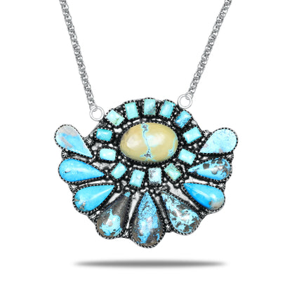 Navajo Turquoise Sunflower Halo Pendant Necklace | Oxidized Silver Plated Brass | 24" Chain