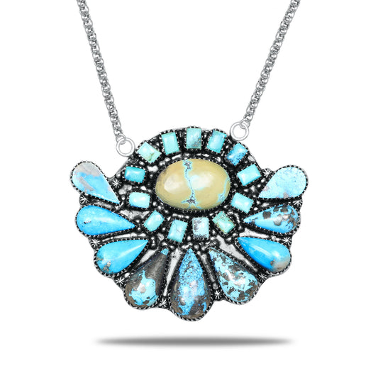 Navajo Turquoise Sunflower Halo Pendant Necklace | Oxidized Silver Plated Brass | 24" Chain