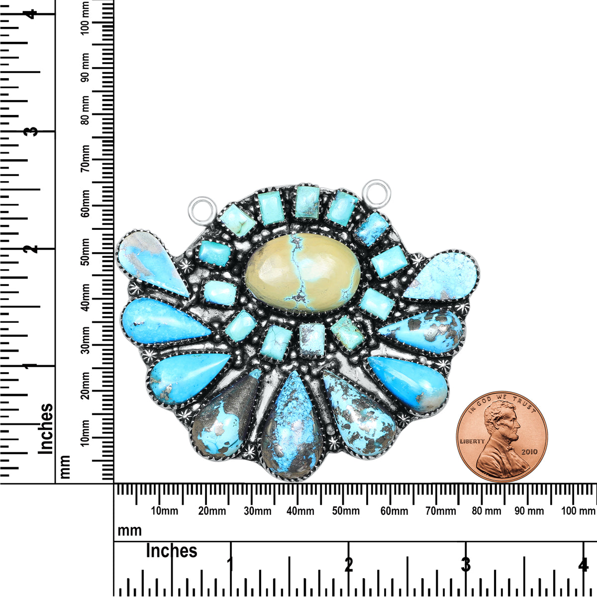 Navajo Turquoise Sunflower Halo Pendant Necklace | Oxidized Silver Plated Brass | 24" Chain
