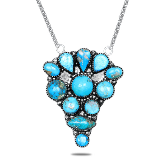 Navajo Turquoise Waterfall Cluster Pendant Necklace | Oxidized Silver Plated Brass | 24" Chain