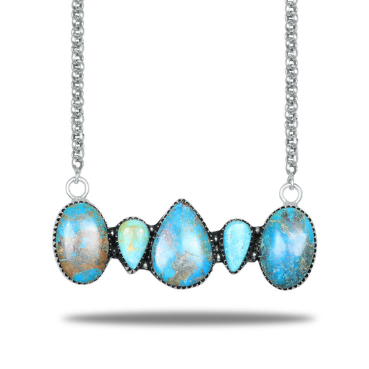 Navajo Turquoise Five-Stone Bar Necklace | Oxidized Silver Plated Brass | 24" Chain