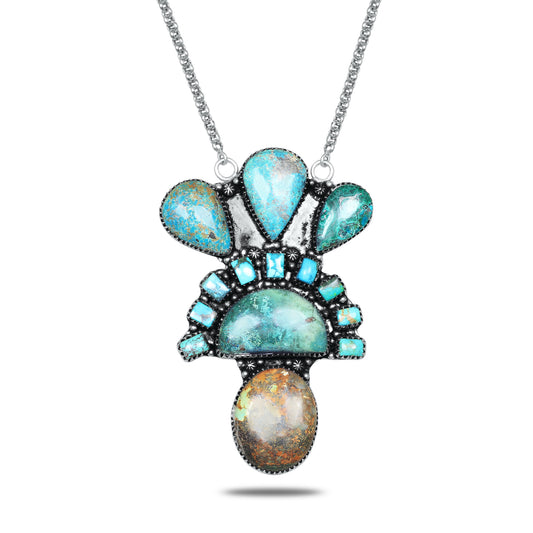 Navajo Turquoise Cascade Crown Pendant Necklace | Oxidized Silver Plated Brass | 24" Chain
