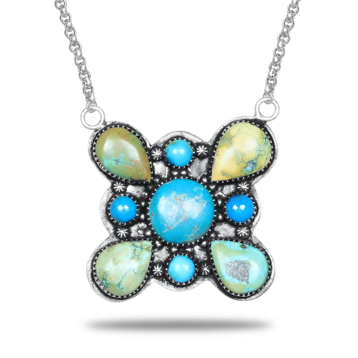 Navajo Turquoise Rainbow Cross Pendant Necklace | Oxidized Silver Plated Brass | 24" Chain