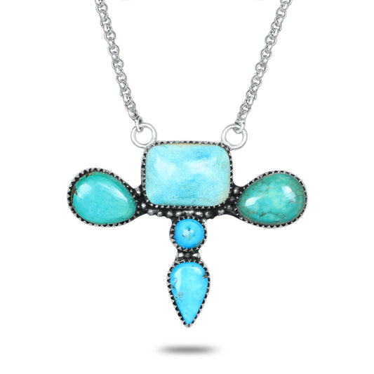 Navajo Turquoise Trinity Cross Necklace | Oxidized Silver Plated Brass | 24" Chain
