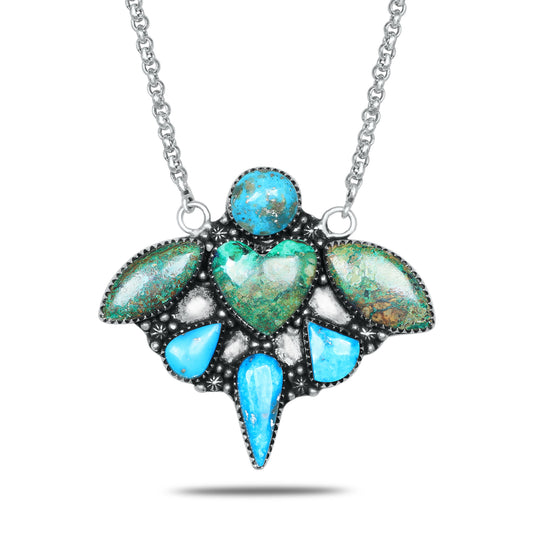 Navajo Turquoise & Malachite Heart Wings Necklace | Oxidized Silver Plated Brass | 24" Chain