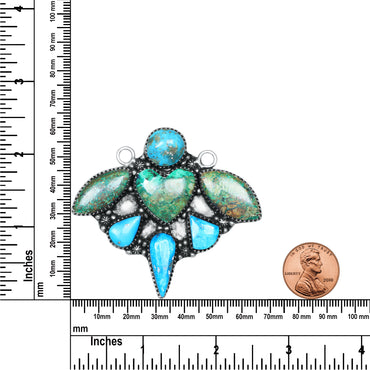 Navajo Turquoise & Malachite Heart Wings Necklace | Oxidized Silver Plated Brass | 24" Chain
