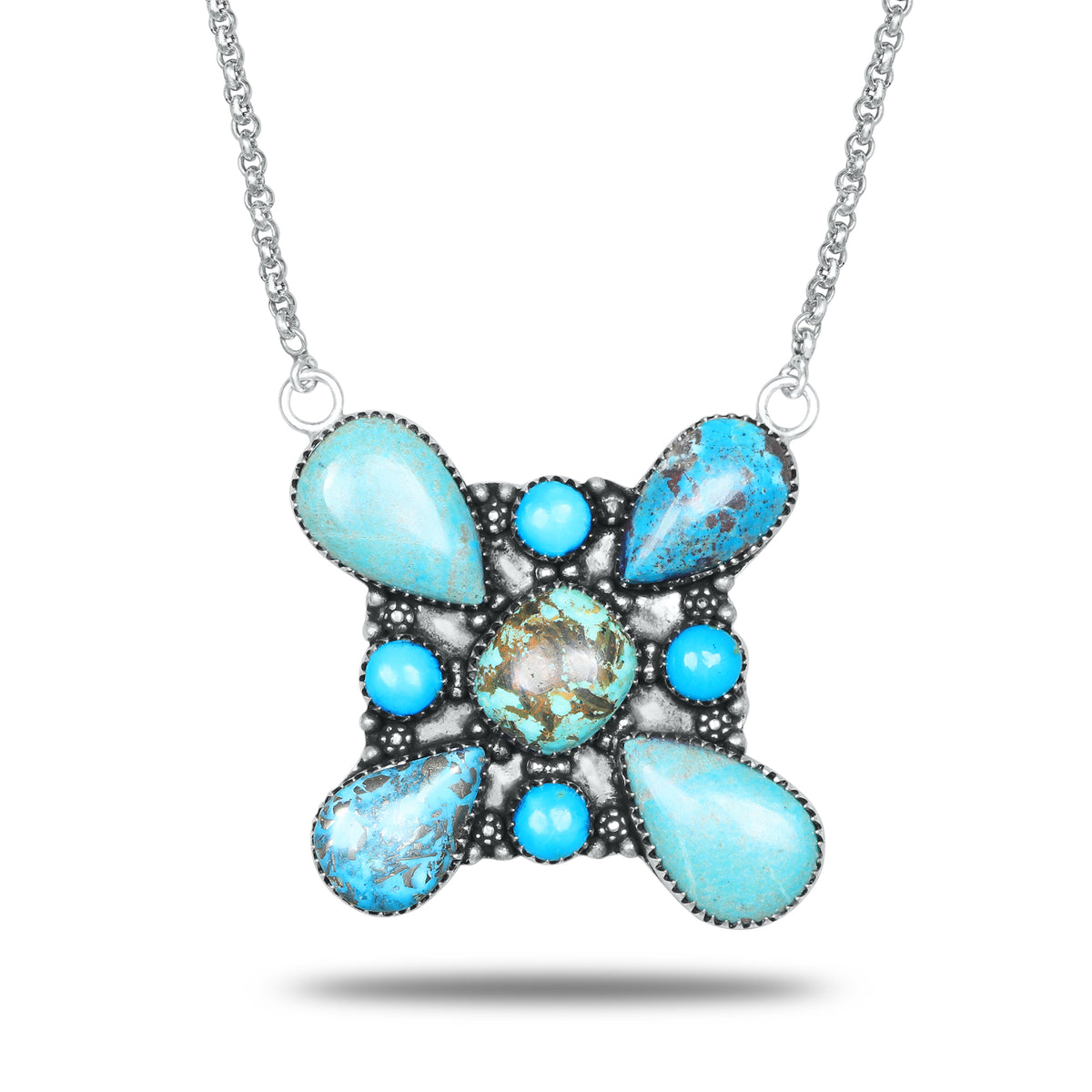 Navajo Turquoise Four-Point Blossom Necklace | Oxidized Silver Plated Brass | 24" Chain