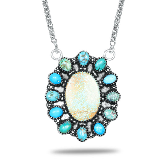 Navajo Turquoise Rosette Medallion Necklace | Oxidized Silver Plated Brass | 24" Chain
