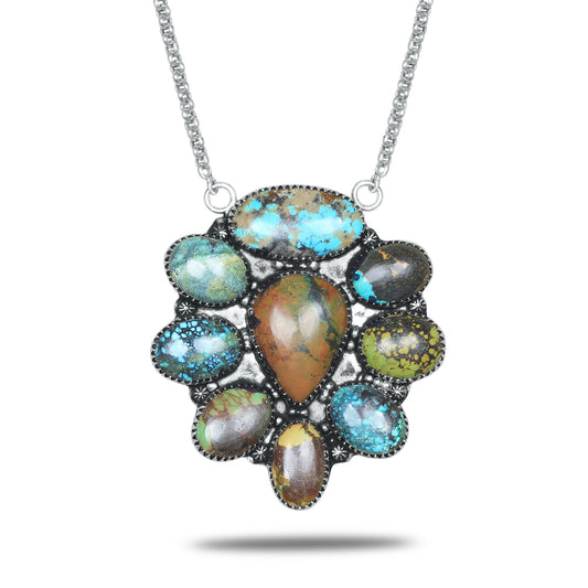 Navajo Turquoise Rainbow Aster Necklace | Oxidized Silver Plated Brass | 24" Chain