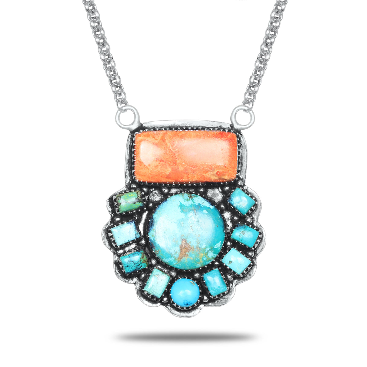Navajo Sponge Coral & Turquoise Scallop Necklace | Oxidized Silver Plated Brass | 24" Chain